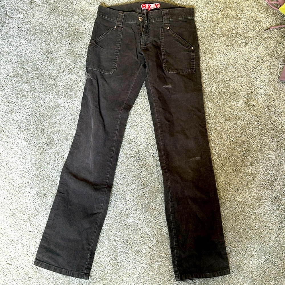 Roxy deep, gray, corduroy pants. Super low rise.